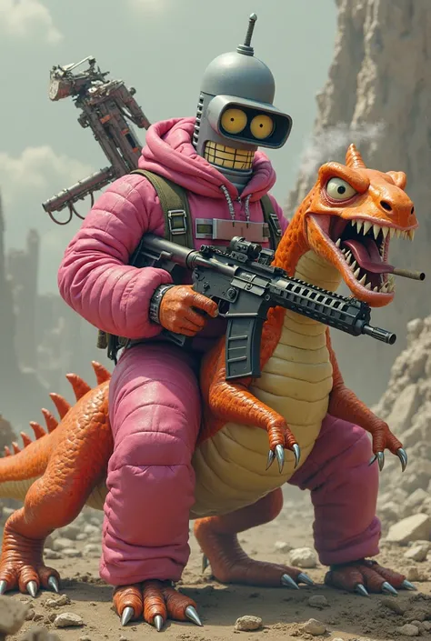 Bender on charizard hold an m16 and wearing a pink gorilla suit while smoking a cigar 