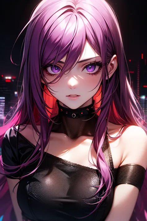 anime girl, beautiful face, beautiful purple eyes, beautiful long purple hair, looking at the viewer, charming gaze, cyberpunk style, cyberpunk city background, (eye detail), (face detail), (body detail), (background detail), (masterpiece)