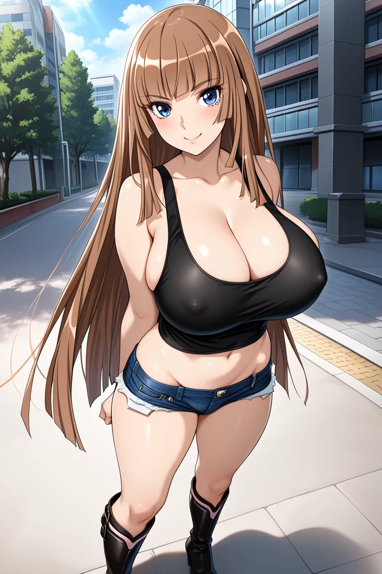 score_9, score_8_up, score_7_up, score_6_up, source_anime, aoi_nagisa_\(metal age\), (BREAK solo, 1girl), koukawa asuka, brown hair, long hair, blue eyes, bangs, side bangs, (huge breasts:0.9), solid circle eyes,(nsfw),

(leather shorts,lowleg shorts,micro...