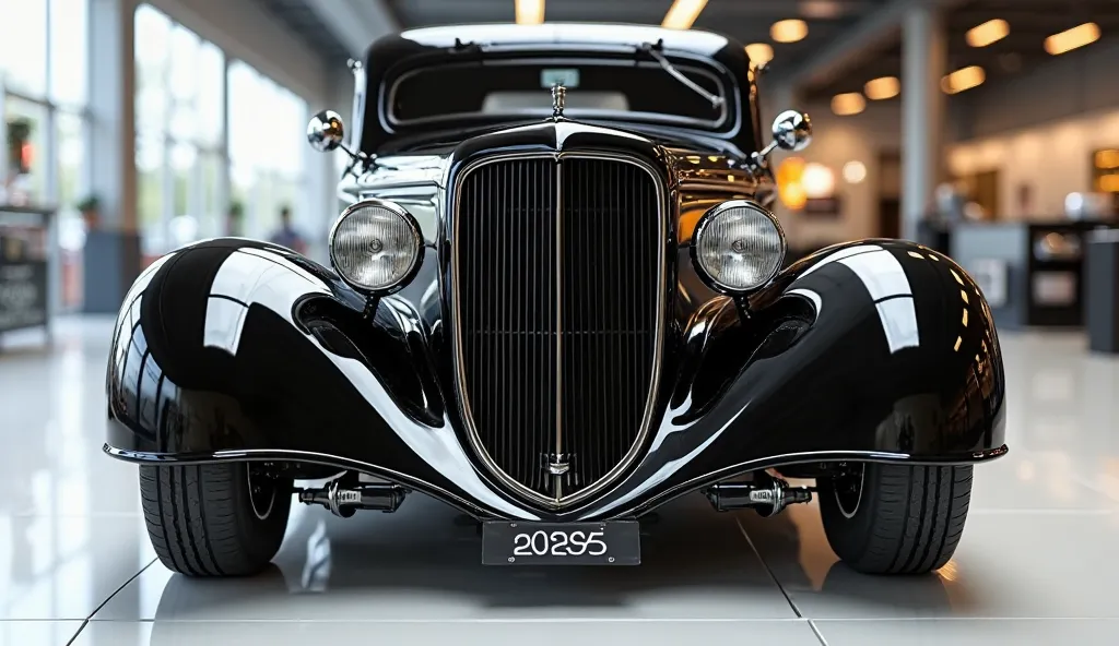 create an ultra-detailed 3D render of a Classic, close-up front view of 1934 Ford Model 48 with a bold design. The Car should feature a 'Gleamy glossy painted glossy Jet Black' color with a 'Ford' logo on its prominent front, and sleek Horizontal LED front...