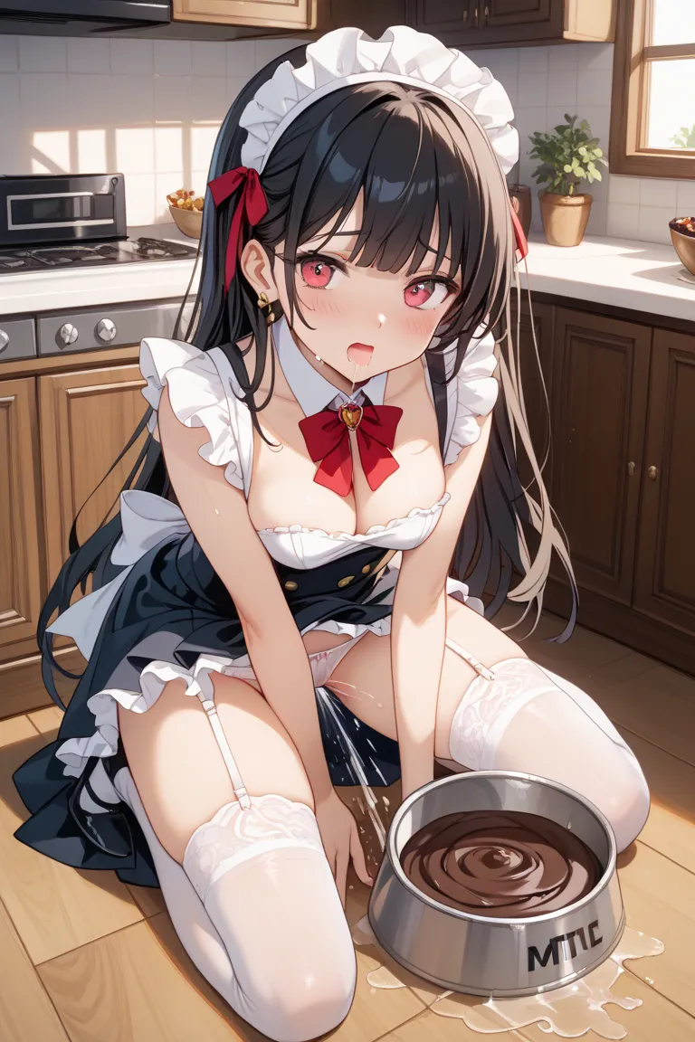 Beautiful girl maid with long black hair wearing a white garter belt, white stockings, and white panties、Stand on your knees in the kitchen and open your legs、A beautiful girl climaxes sexually squirting from the top of a metal bowl containing melted choco...