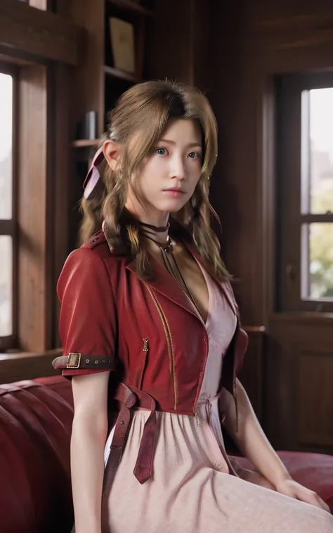 (masterpiece、best image quality:1.4)、Madness、absurd、solo、stares at viewers、BREAK MainOutfit_AerithGainsborough_ ownwaifu、Aerith Gainsbourg、1 girl、brown hair、 green eyes、Hair Intake、Long Hair、Hair Ribbons、 jewelry、choker、braids、side lock、分けたbangs、braidsポニーテ...