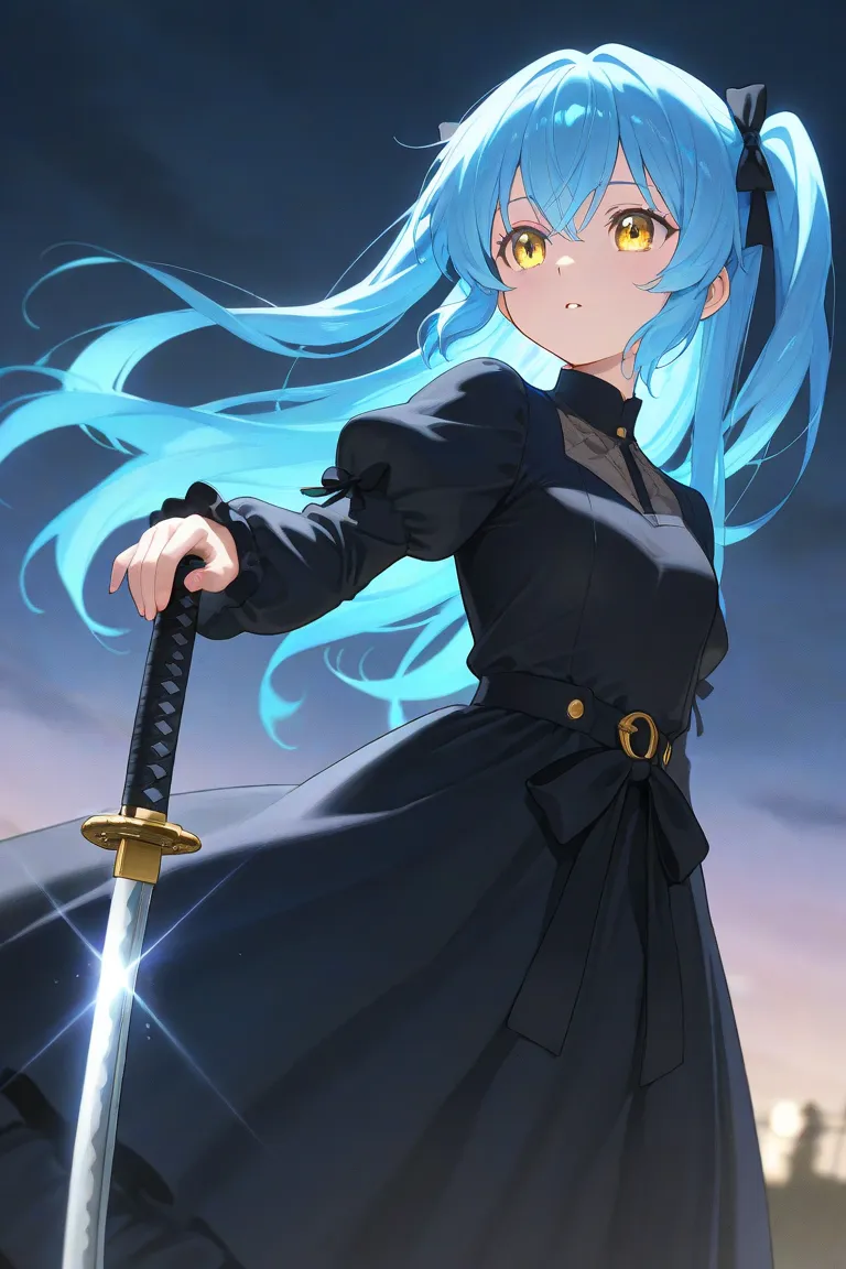 Anime lolita girl, long blue sky slime hair, transparent gold eyes, black dress, black coach, katana