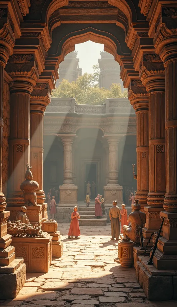 "An ancient workshop from the Puranic era, facing the north direction, filled with skilled artisans engaged in traditional crafts. The space is built with intricately carved wooden pillars and stone walls, reflecting the architectural beauty of that time. ...