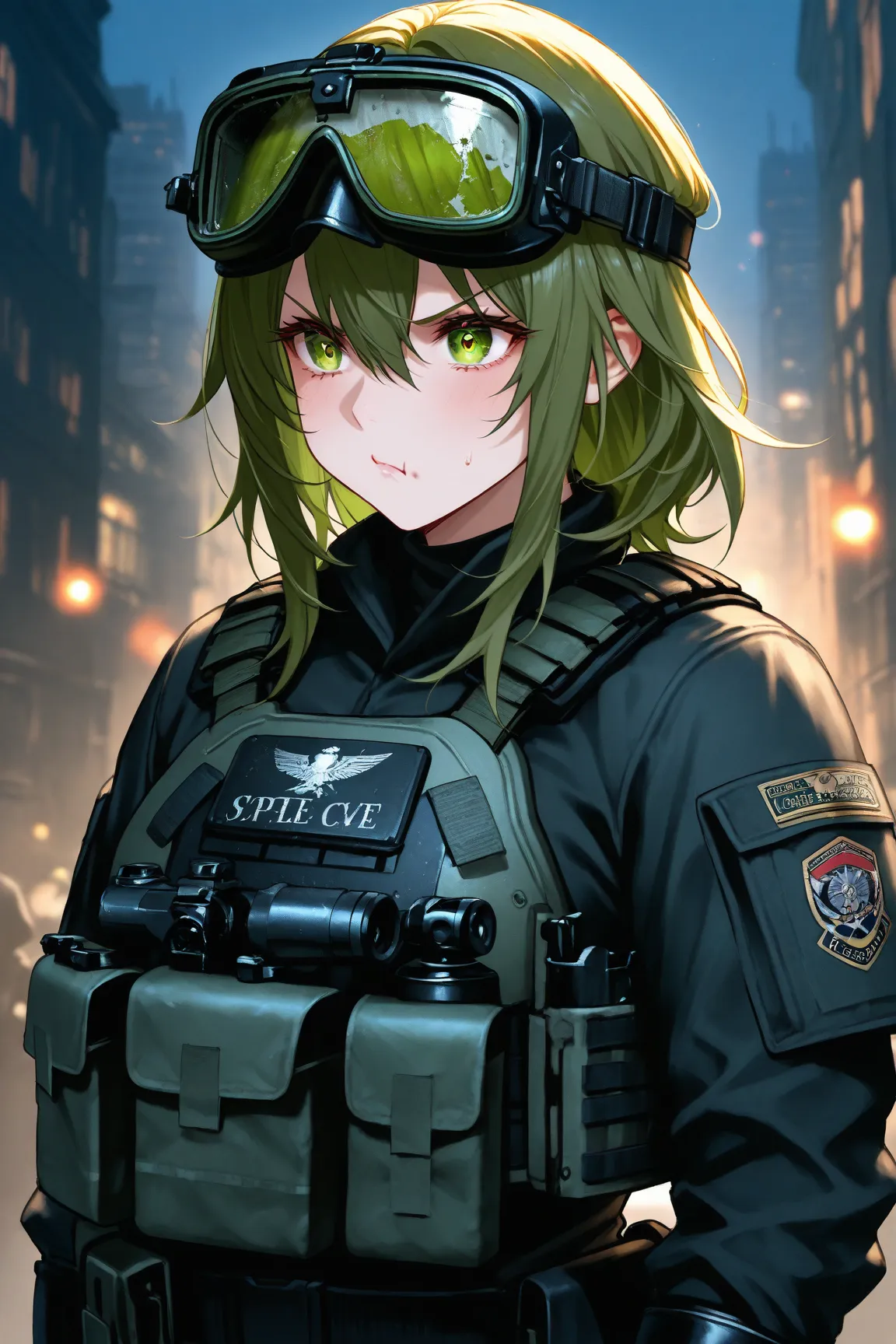   manga , girls on the left、Night Vision Goggles、plate carrier、 TACTICAL GLOVES 、  Special Forces 、 bloody、 assassins with a pout face、Broken cityscape、 Midnight、A pessimistic look at the world