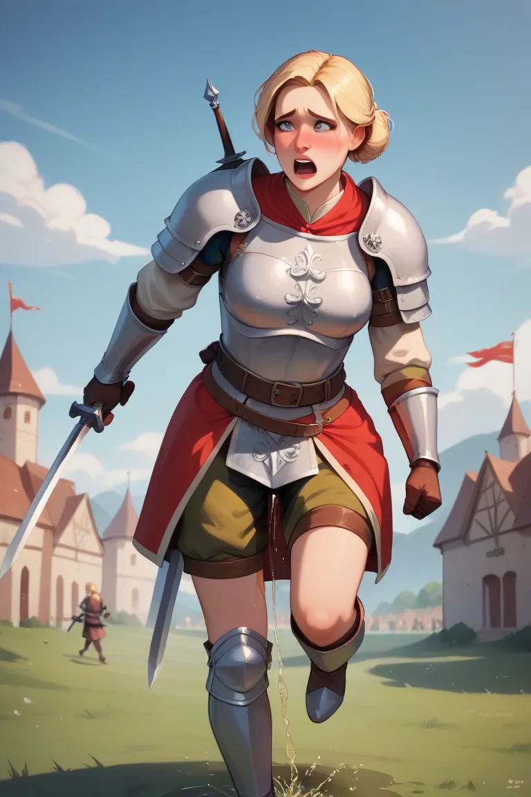 8k high resolution, best quality, 20 years old, dutch girl, blonde hair, medieval times, female mercenary, wearing a simple gambeson and rusty chestplate, battle in backround, very nervous, peeing herself, peeing her armor, pee running down her legs, wetti...