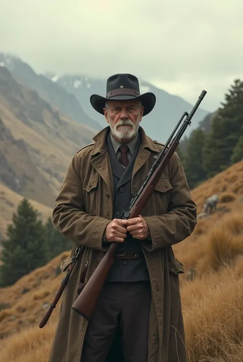 1800s British police man wearing an old leather coat holding a rifle looking over a high country valley in the South Island of New Zealand. 