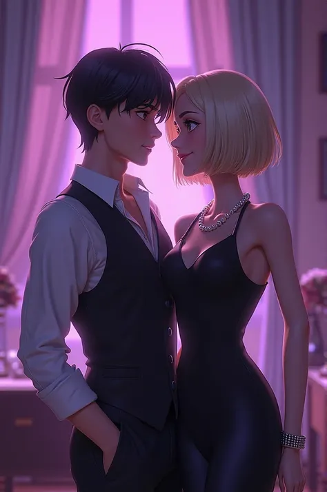 The image shows two animated characters in a stylish setting with purple lighting. The female character has short, light-colored hair and is wearing a sleeveless black dress, accessorized with a pearl necklace. She is standing close to a male character who...