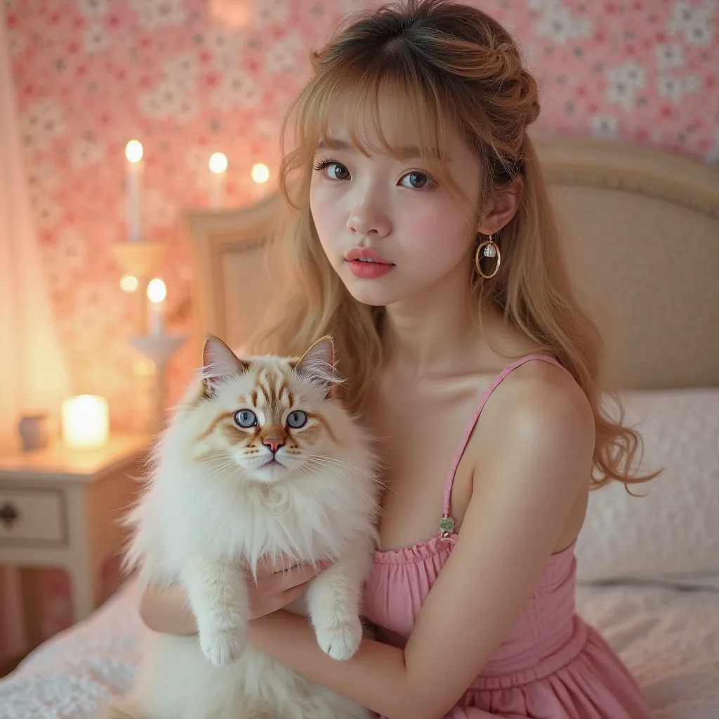 1 girl,  sexy 18 year old Japanese girl ,((Makun is holding a cat))、fluffy white and gold coat、Blue eyed Makuen cat like Saphia、 Weaving , beautiful face, nice, beautiful, beautiful, beautiful face, PALE SKIN, parts, blond hair,  blue eyes, Perfect, glowin...