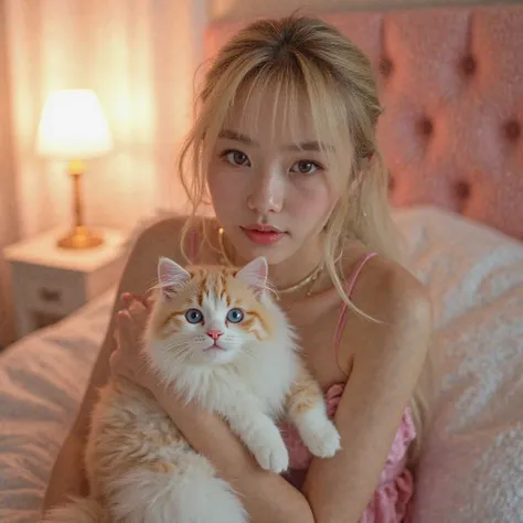 1 girl,  sexy 18 year old Japanese girl ,((Makun is holding a cat))、fluffy white and gold coat、Blue eyed Makuen cat like Saphia、 Weaving , beautiful face, nice, beautiful, beautiful, beautiful face, PALE SKIN, parts, blond hair,  blue eyes, Perfect, glowin...