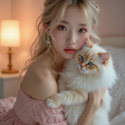 1 girl,  sexy 18 year old Japanese girl ,((Makun is holding a cat))、fluffy white and gold coat、Blue eyed Makuen cat like Saphia、 Weaving , beautiful face, nice, beautiful, beautiful, beautiful face, PALE SKIN, parts, blond hair,  blue eyes, Perfect, glowin...