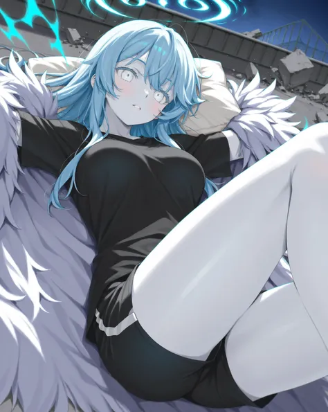 best image quality、Hi-Res、 diamond blue hair 、White Eyes、Feather coat、rooftop、  black t-shirt 、beautiful breasts、  best thighs、Blue aura、 long hair、best image quality、floating rubble、meteorite、Cosmic Aura 、black shorts、 white skin、 the royal family、Knee pi...