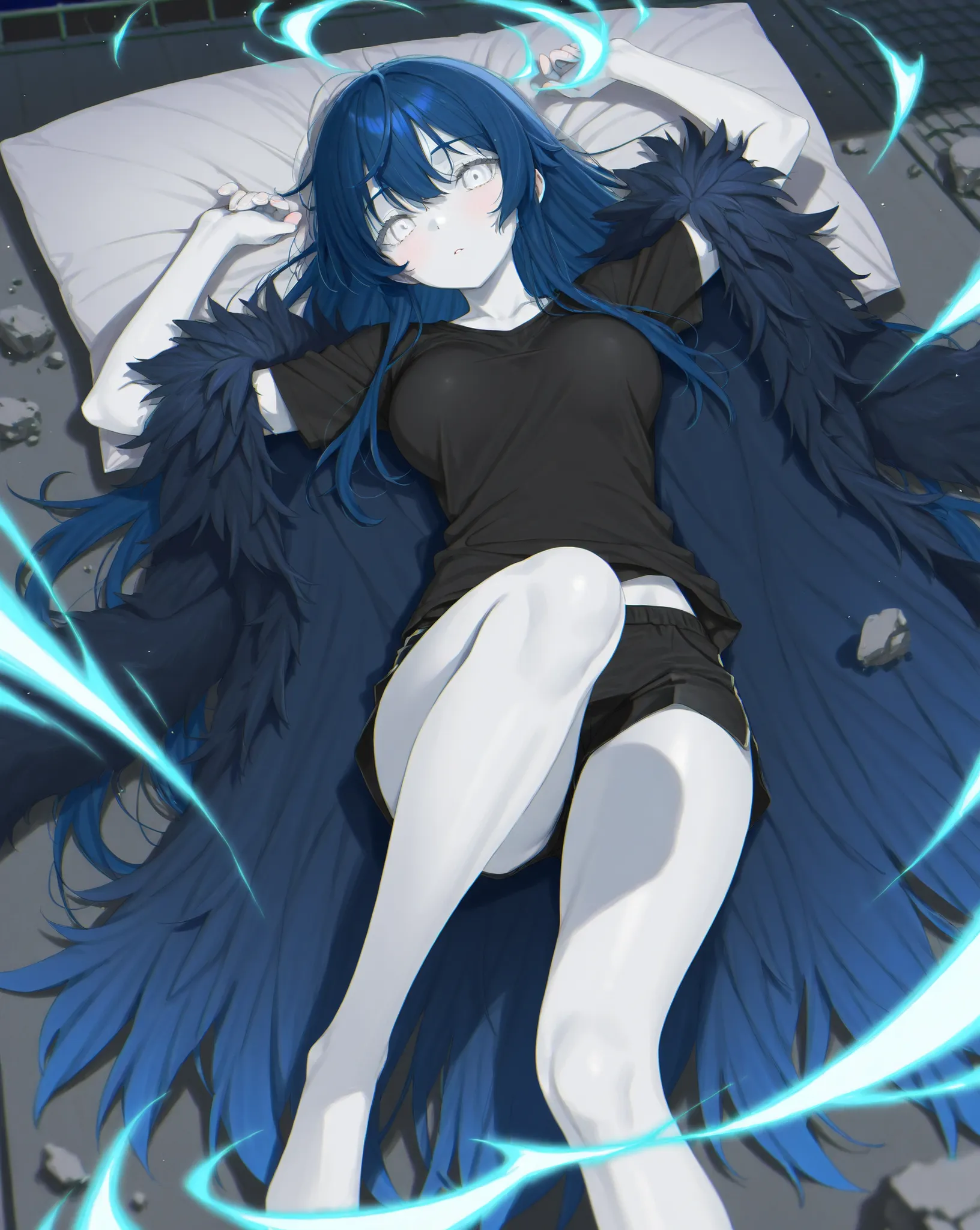 best image quality、Hi-Res、 diamond blue hair 、White Eyes、Feather coat、rooftop、  black t-shirt 、beautiful breasts、  best thighs、Blue aura、 long hair、best image quality、floating rubble、meteorite、Cosmic Aura 、black shorts、 white skin、 the royal family、Knee pi...