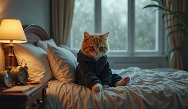 A small, fluffy orange tabby kitten with deep golden eyes sits weakly on a large bed, wearing an oversized black night suit. The soft fabric drapes over her tiny frame, the sleeves slightly covering her delicate paws. Her fur is a little ruffled, and her e...