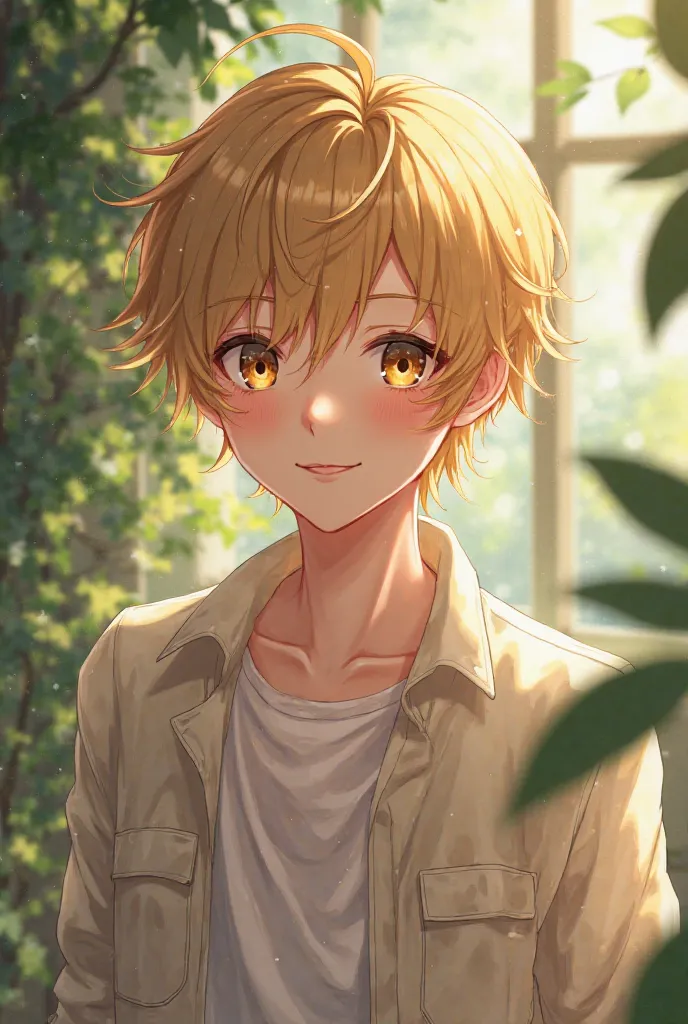 A cute anime boy with blonde hair and a sweet smile, around 20 years old, a bit manly, but still cute when looking at him. 