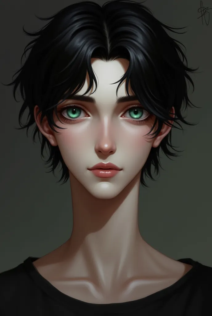 Remius , male, he had jet-black hair that fell in soft, unruly strands over his forehead, partially veiling his striking green eyes. His features were sharp yet delicate—high cheekbones, a straight nose, and a defined jawline that gave him an effortlessly ...