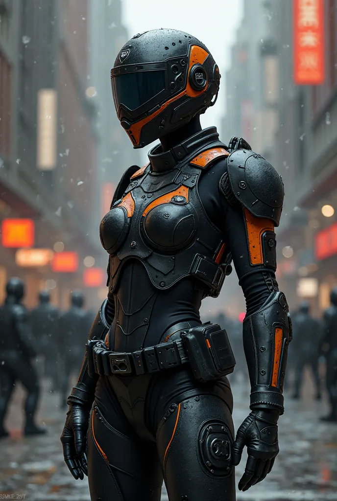 Sexy female police officer in riot gear, wearing a leotard and helmet with mask, all black armor and orange uniform, facing away, back to viewer