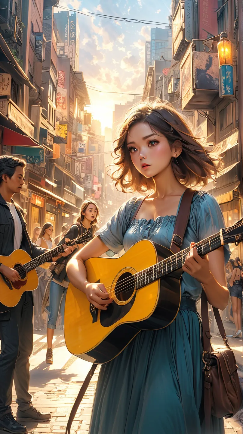 (Beautiful illustration, street performance with guitar in hand, girl singing with a tense and serious expression