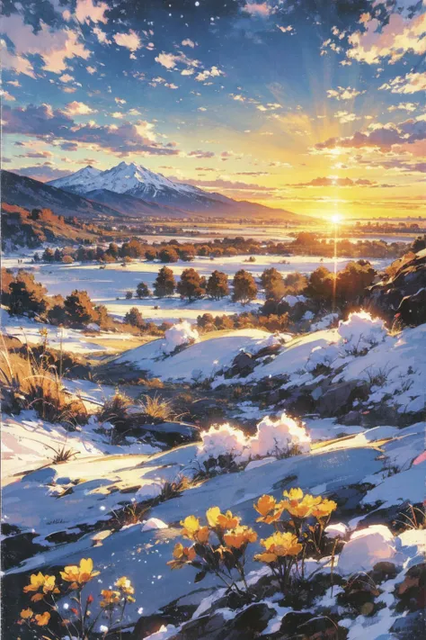 landscape,  anime style, countryside, Mountains and clouds in the background, , Sunrise, snow