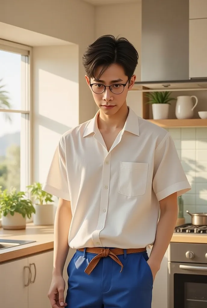 (photorealism:1.2), Full body a korean man wear Glasses that looks like BTS jungkook, on room, white shirt short sleeve ,royal blue short pants, belt brown , short dark hair, indoors, soft lighting, , window with sunlight, kitchen room, relaxed pose, reali...