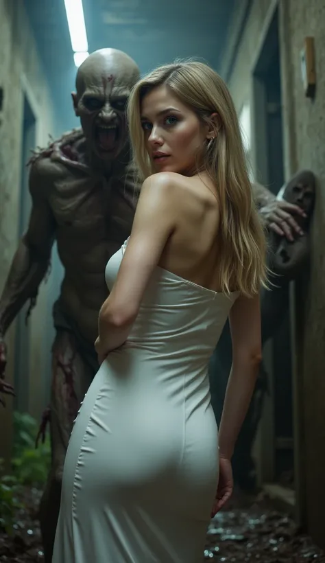 behind view,  She is looking back, she is big  shout,  a  male zombie so ugly it seems out of this world is closing in on her, name is Jessica, 30-age, (White English, Ash blonde hair, long hair, beautiful blew eye, wide mouth) , big breasts, white dress, ...