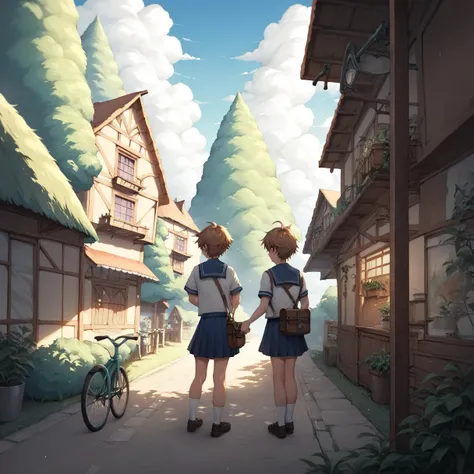 High writing precision, no crushed frames, high precision in the finish of each and every frame, Makoto Shinkai art style, a high school girl in a sailor uniform riding a bicycle up a hill, a summer afternoon, a slope in a port town, the sea is visible, sm...