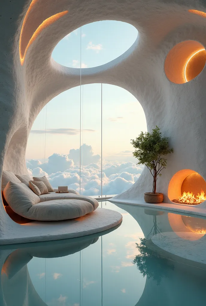 Create a unique futuristic space located in thick clouds, with a panoramic view of the earth. This is a house in the sky, combining elements of biomimicry and high-tech design. The interior is inspired by natural forms - streamlined lines, smooth curves, o...