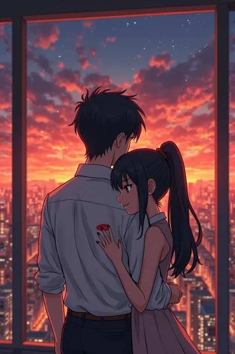 The image features two animated characters embracing in front of a window with a city night view. The male character has dark hair and is wearing a white shirt with a red lipstick mark on it. The female character has long dark hair tied in a high ponytail ...