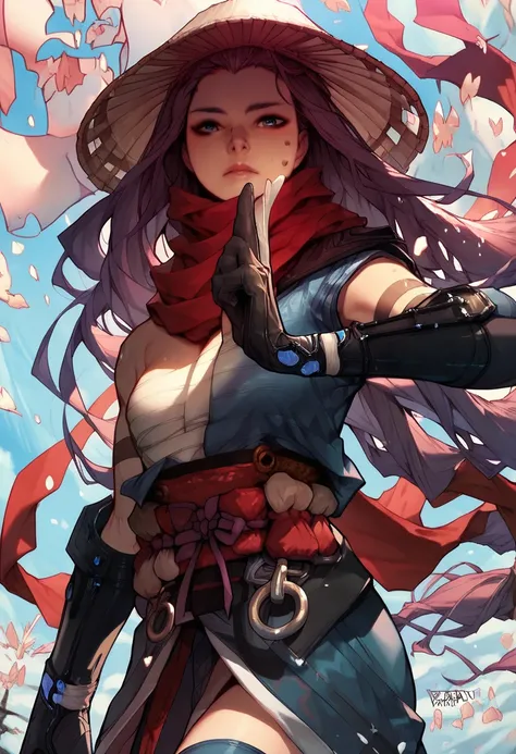 sailocke, blue eyes, gloves, long hair, scarf, sarashi, gloves, ronin hat