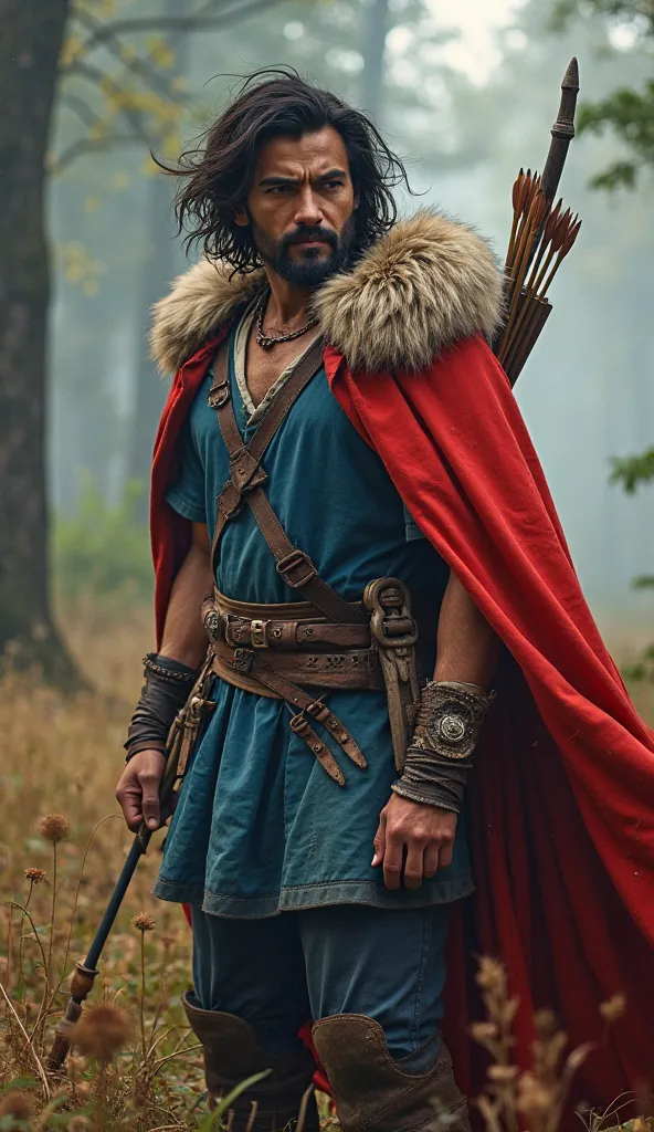 "A man in a hyper-realistic cosplay of Ashitaka from Princess Mononoke. He wears a vibrant red cape with a fur collar, a blue tunic, and rugged leather boots. His expression is determined, showing strength and resolve. His hair is messy and windblown, and ...