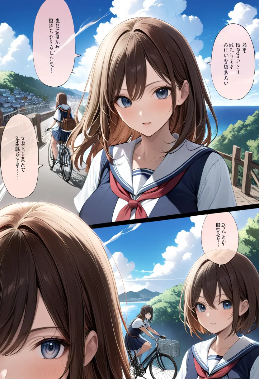 High writing precision, no crushed frames, high precision in the finish of each and every frame, Makoto Shinkai art style, a high school girl in a sailor uniform riding a bicycle up a hill, a summer afternoon, a slope in a port town, the sea is visible, sm...