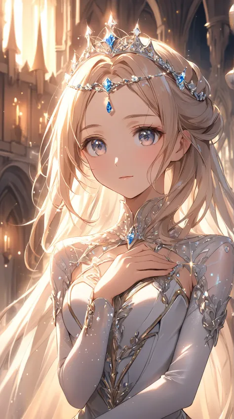 (Extreme close-up, Face-focused portrait)""A beautiful princess standing gracefully in a fantasy castle setting. She wears a form-fitting, elegant dress with a slender silhouette, adorned with a sparkling tiara. Her expression is gentle and noble, exuding ...