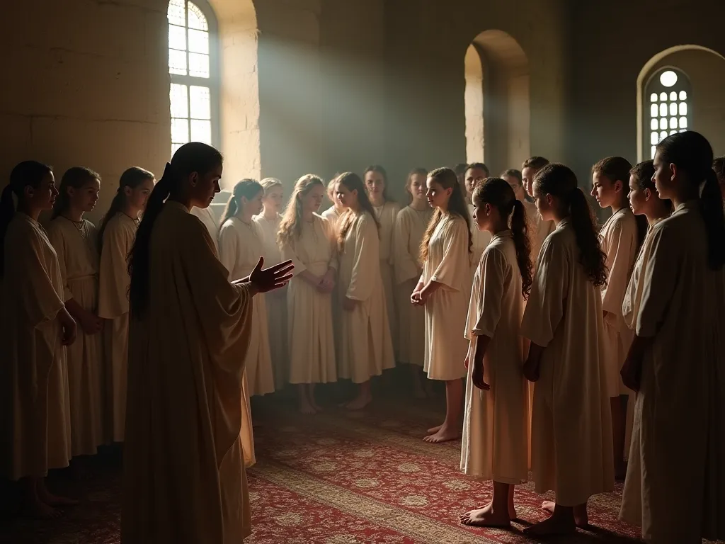 The remaining young girls stand in a sacred hall as senior priests carefully examine their bodies for any scars, birthmarks, or perceived imperfections. The priests check their teeth, hands, and feet while discussing the results in hushed tones. The atmosp...