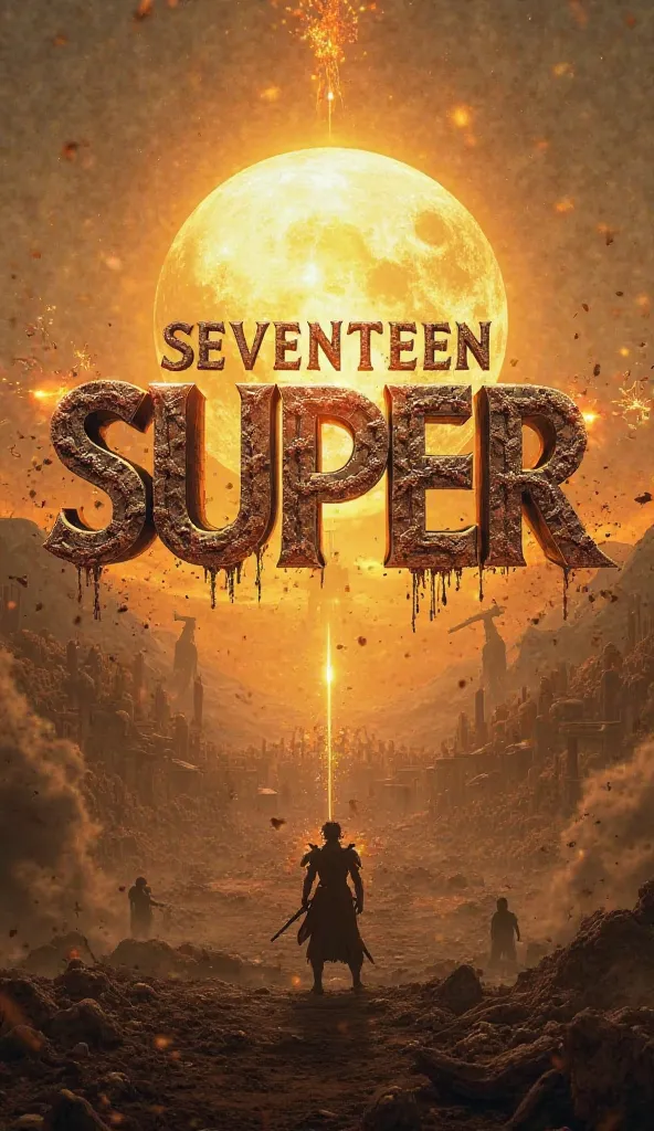 Create a poster design for the song "SUPER" by SEVENTEEN with a powerful and mythical background inspired by the MV’s cinematic and warrior-like atmosphere.

Place "SEVENTEEN" at the top in bold, ancient-inspired typography, using gold and stone-like textu...