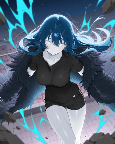 best image quality、Hi-Res、 diamond blue hair 、White Eyes、Feather coat、rooftop、  black t-shirt 、beautiful breasts、  best thighs、Blue aura、 long hair、best image quality、floating rubble、meteorite、Cosmic Aura 、black shorts、 white skin、 the royal family、 open