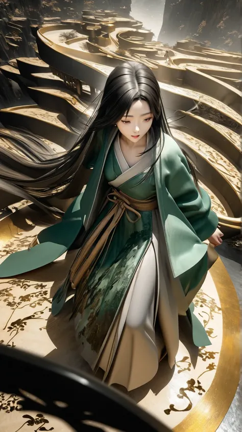 
"Drone perspective.A small ancient Chinese young woman walks on a number of undulating scrolls covered with calligraphy characters. She carries a long sword, wears a flowing soft silk Hanfu, and her long hair moves in the wind. 3D rendered Chinese ink pai...