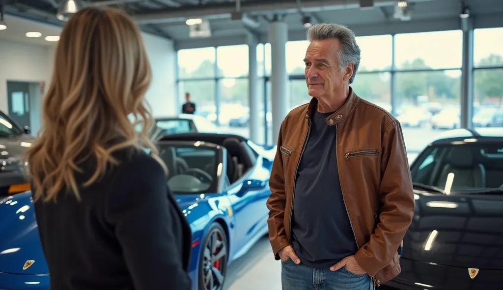 A confident but dismissive car dealership manager, a professional-looking woman in a black suit, stands in a modern luxury car showroom, eyeing Robin Williams with clear disdain as she unknowingly dismisses him, unaware that he is the new owner. Robin Will...