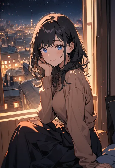  One Beautiful Woman, alone, A gentle smile on her face ,  black hair,  blue eyes, Beautiful depiction, seated woman , I'm wearing a skirt, cozy room  (night), warm color, (beautiful night views from windows), City,very detailed