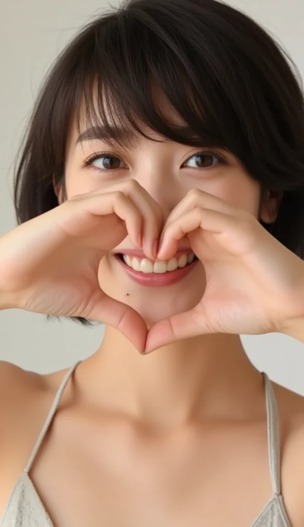 She wears a camisole, makes a heart shape with both hands, and poses in front of her chest, Close-up shot of winking and smiling