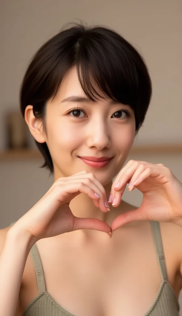 She wears a camisole, makes a heart shape with both hands, and poses in front of her chest, Close-up shot of winking and smiling