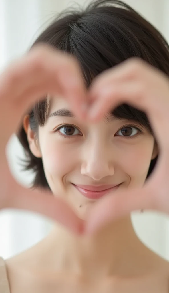 She wears a camisole, makes a heart shape with both hands, and poses in front of her chest, Close-up shot of winking and smiling