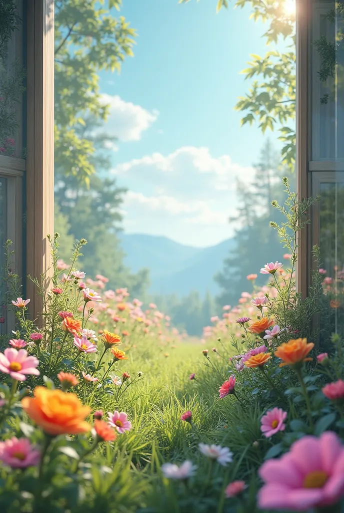 Spring flower land outside, modern window, magic