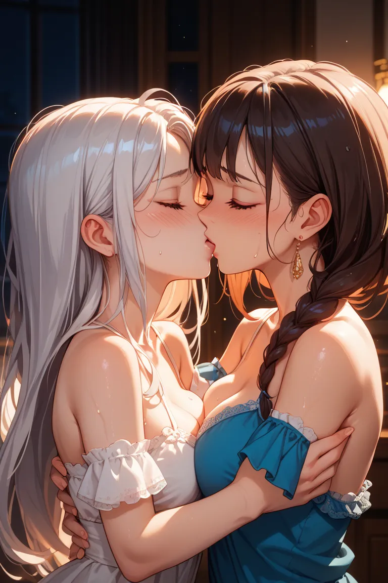 Two naked women with embarrassed expressions kiss while closing their sweaty eyes