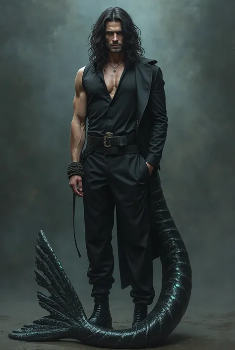 A man of 1,87 tall with black hair, black clothes and long shark tail