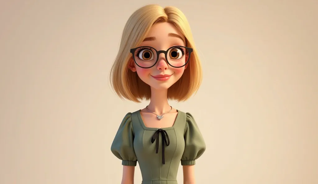 A 3D animated female character in Pixar style with a warm and cheerful expression. She has large, expressive eyes with a slight sparkle, a small upturned nose, and a gentle smile. Her shoulder-length blonde hair is smooth and slightly wavy, rendered with d...