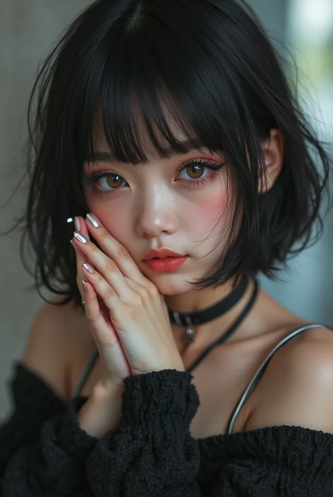 A girl cusping her face and beautiful big siren eyes and bob cut with bangs and wearing trendy clothes and also wearing a choker