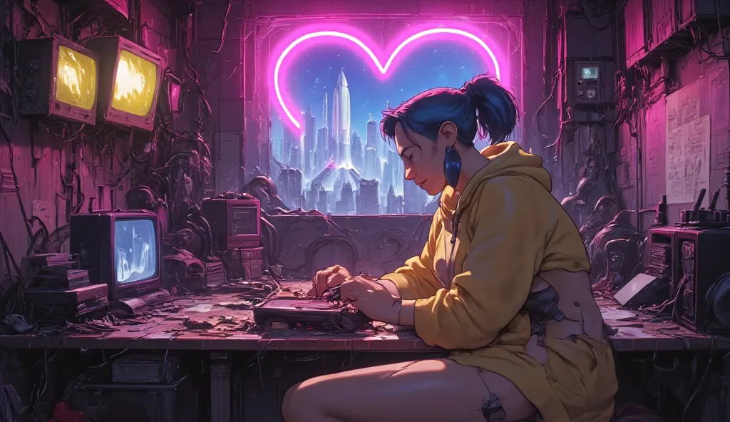 A cyberpunk world in 2300 AD.
A room in an old apartment.
There is a repaired CRT TV.
Various analog electrical work tools.
The room is cluttered with electrical appliances and machine parts on the walls and floor, like a junk shop.
A heart-shaped neon lig...