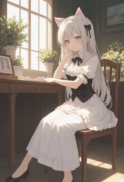 anime girl with long hair and cat ears sitting on a chair, Animated painting inspired by Narashige Koide, Trending, Serial Art, Anime Goddess,  cute anime waifu in beautiful clothes , Anime image of a cute girl, Lolita in a skirt, , anime girl,  Marin Kita...