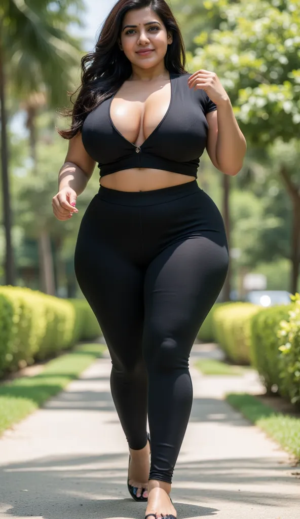 In a serene park, an Indian mature milf with an alluring physique and voluptuous figure confidently strides along the pathways. Her tight, black full length jogging suit accentuates her curvy silhouette, revealing the roundness of her hips as she moves wit...