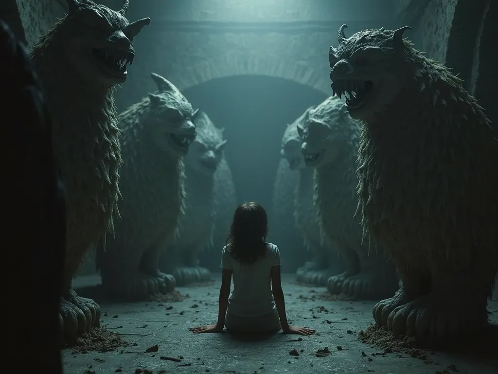 A young girl sits in a dimly lit chamber, surrounded by terrifying statues of mythical creatures with fierce, demonic faces. Echoing through the room are eerie sounds—deep growls, whispers, and ghostly chants. Despite the haunting atmosphere, the girl rema...